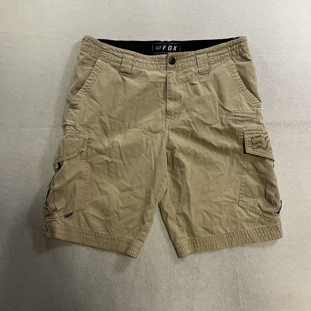 Fox Racing Cargo Shorts Mens 34 Khaki Beige Canvas  Flat Front 10" Inseam